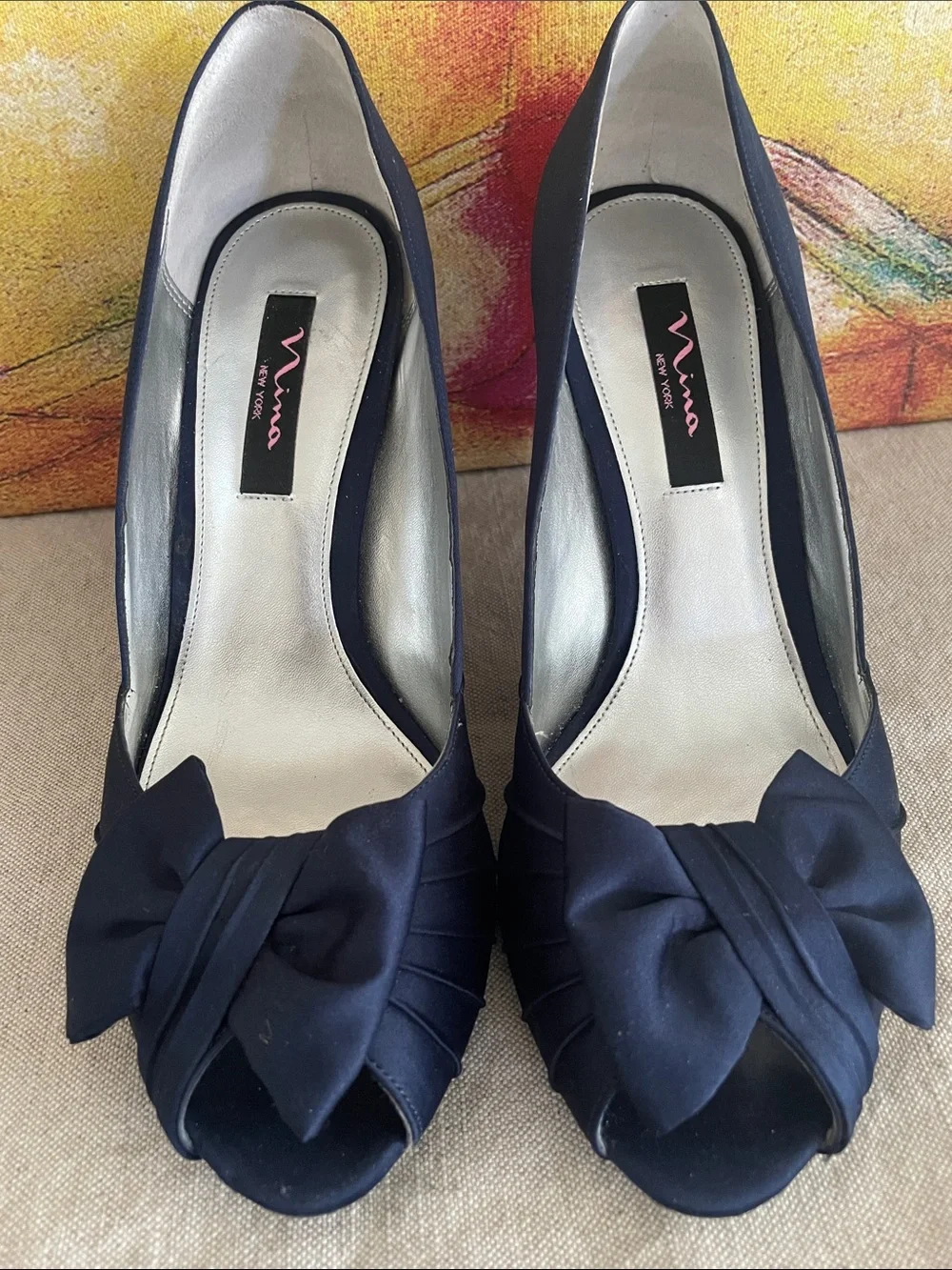 Nina Navy Satin Peep-Toe Bow Heels Sz 10 style Forbes 3”